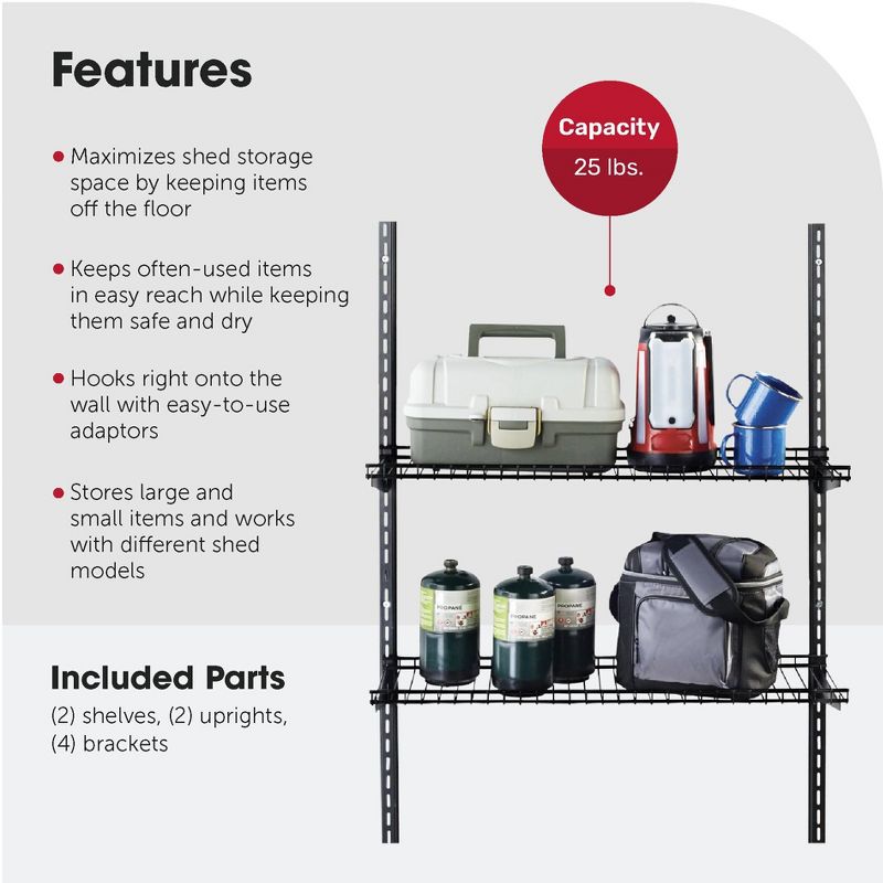 Rubbermaid 2024658 Large Upright Utility Shed Storage Unit Shelving Kit System with Two 25 Pound Capacity Storage Shelves and Installation Hardware, 5 of 7