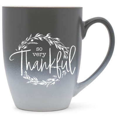 Elanze Designs So Very Thankful Wreath Two Toned Ombre Matte Gray and White 12 ounce Ceramic Stoneware Coffee Cup Mug