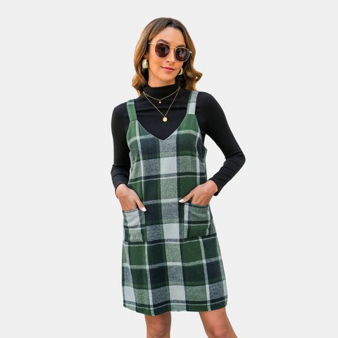 Женские платья Cupshe Women's Plaid V-Neck Mini Pinafore Dress-S-Green
