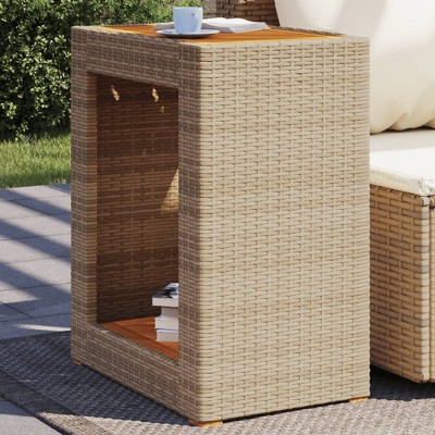 vidaXL Patio Side Table with Wooden Top Beige 23.6"x15.7"x29.5" Poly Rattan