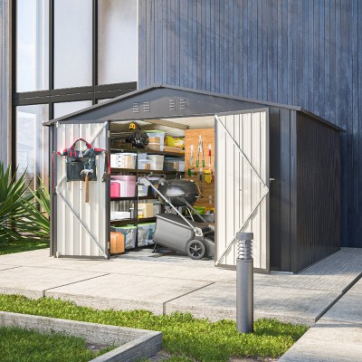 Backyard Storage Shed, 10x10 FT Storage Shed, Storage Storage with Lockable Doors and Updated Frame Structure, Large Metal Shed-Coolbibila