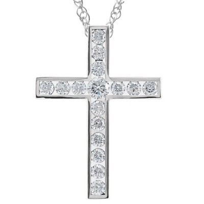 Pompeii3 1 1/2 Ct Diamond Cross Pendant Necklace 18" 10k White Gold 32mm Tall