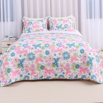 Acoinel Butterfly Floral Quilt Set - 3-Piece Reversible Bedspread with Pillow Shams,King — фото 7