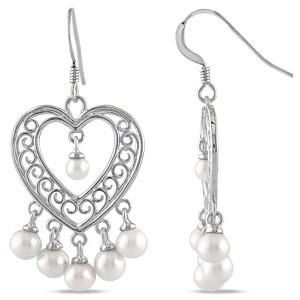 EVERLY JEWELRY | 5 - 5.5 MM Cultured Freshwater Pearl Heart Chandelier Drop Earrings in Sterling Silver - 1 of 3