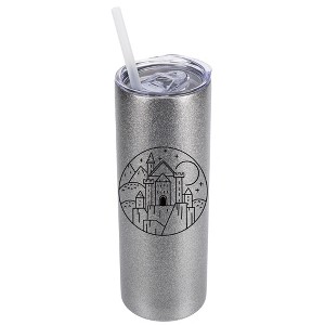 Elanze Designs Silvertone Sparkle 20 Ounce Double Wall Stainless Steel Glitter Travel Tumbler With Sliding Lid And Straw, Medieval Castle - 1 of 4