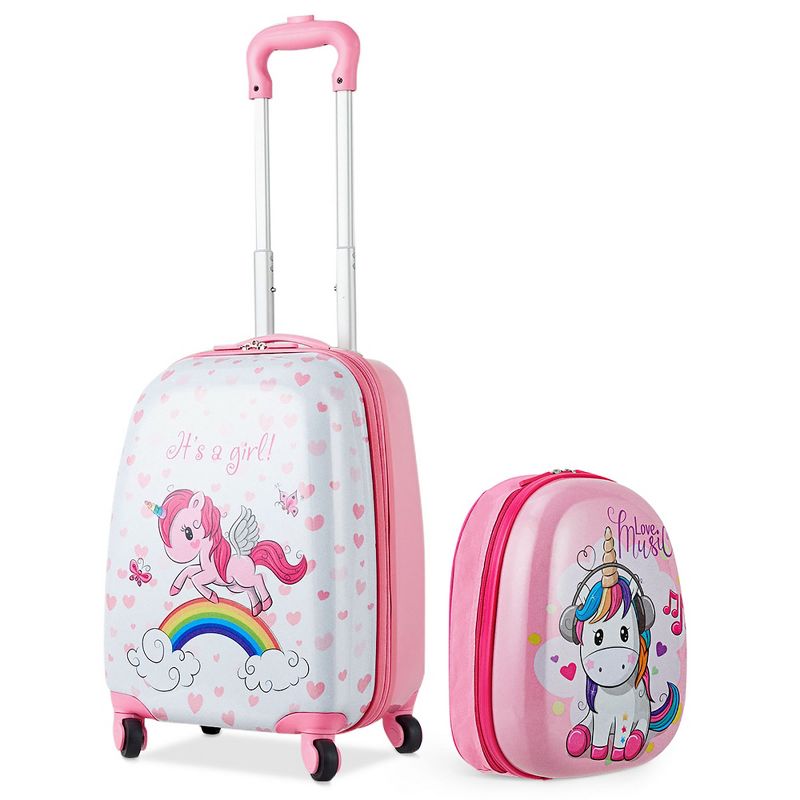 Costway 2 Pcs Kids Luggage Set 12” Backpack & 16” Kid Carry On Suitcase for Boys Girls Pink, 1 of 11