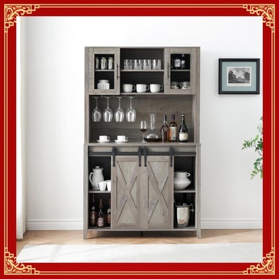 Garvee Black 70-Inch Farmhouse Bar Wine Cabinet with Sliding Barn Doors, Ample Storage Space, Wine & Glass Racks - Versatile Coffee