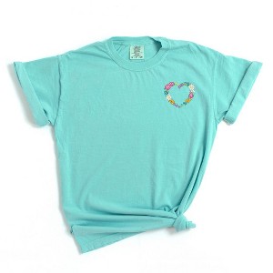 Simply Sage Market Women's Embroidered Small Floral Heart Mini Short Sleeve Garment Dyed Tee - 1 of 4