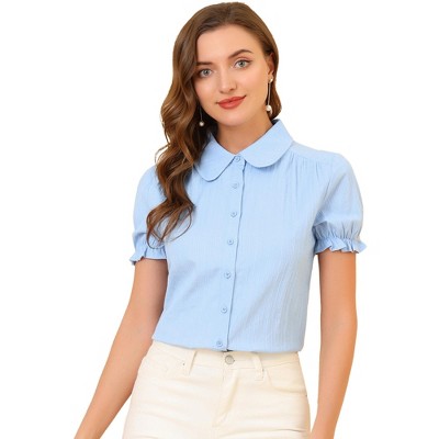 INSPIRE CHIC Women's Short Sleeve Button Down Peter Pan Collar Blouse