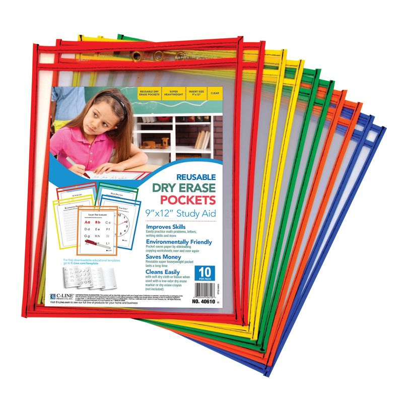 C-Line® Reusable Dry Erase Pockets, Primary Colors, 9 x 12, Pack of 10, 1 of 5