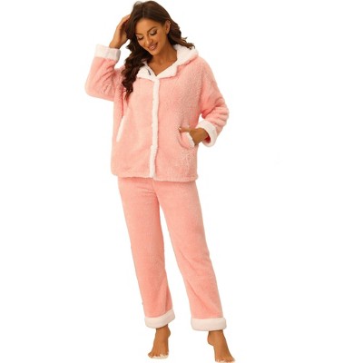 Cheibear Women's Soft Warm Fluffy Fleece Button Down Long Sleeve Sleepwear  With Pockets Pajama Set Pink Medium : Target