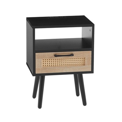 NicBex 15.75 inch Rattan Nightstand with 1 Drawer,Modern Side Table with Power Outlet and USB Ports,Bedside Table for Bedroom,Living Room