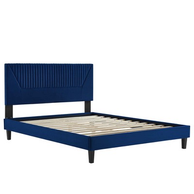 Navy Velvet Upholstered Queen Platform Bed with Tufted Headboard