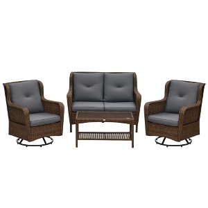 4 Piece PE Rattan Outdoor Patio Furniture Set, Wicker Conversation Set with 2 Swivel Glider Chairs, 2-Tier Glass Table and Loveseat for Garden - 1 of 4