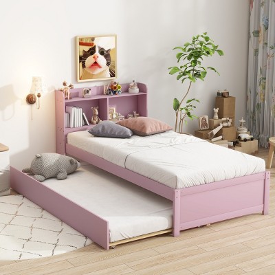 Trundle Bed with Built-in Bookcase Headboard,Wooden Platform Bed with Storage Shelves for Kids Teens,Guest Room-Baofuwish