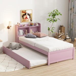Trundle Bed with Built-in Bookcase Headboard,Wooden Platform Bed with Storage Shelves for Kids Teens,Guest Room-Baofuwish - 1 of 4