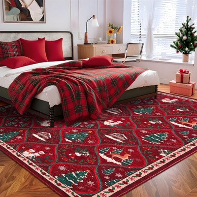 Christmas Rug Washable Rug for Living Room, Santa Reindeer Printed Carpet