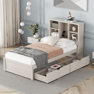 Twin Size Bed Frame, Wood Platform Bed Frame With Double Layered Storage Headboard, USB Port, 2 Sliding Drawers, Bed Frame, No Box Spring Needed