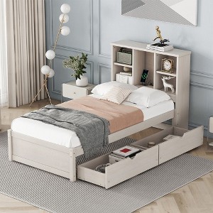 Twin Size Bed Frame, Wood Platform Bed Frame With Double Layered Storage Headboard, USB Port, 2 Sliding Drawers, Bed Frame, No Box Spring Needed - 1 of 4
