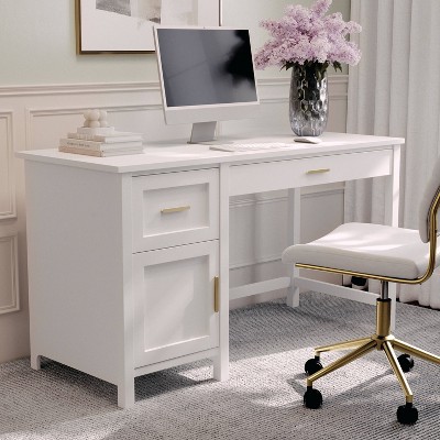 White Wood Home Office Desk with Brass Hardware and Storage
