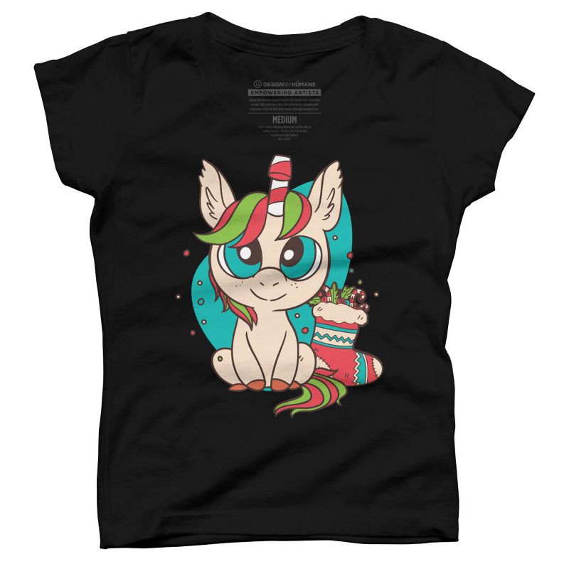 Girl's Design By Humans Christmas Candy Cane Unicorn With Stocking By rasok T-Shirt, 1 of 4