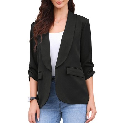 INSPIRE CHIC Women's Work Shawl Collar Ruched 3/4 Sleeves Open Front with Pockets Blazer
