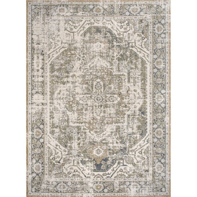 Green and Cream Medallion Machine-Washable Area Rug