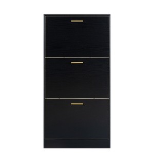 Vynxaria Modern Shoe Cabinet: 3 Hidden Drawers, Slender Design for Corridor, Bedroom, or Living Room, Freestanding Wooden Rack in Black. - 1 of 4