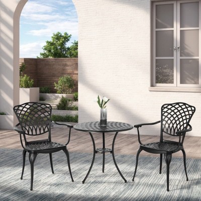 3 Piece Cast Aluminum Patio Bistro Set with Umbrella Hole, Outdoor Metal Table and Chairs for Patio Small Space Chat Sets-The Pop Home