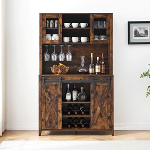 70'' Wine Bar Cabinet with Storage Hutch, Tall Coffee Bar Cabinet with Sliding Barn Doors - 1 of 4