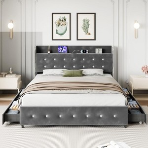 GAOMON Full Size Bed Frame, Upholstered Platform Bed Frame with Trundle and 4 Storage Drawers, Bed Frame with Diamond Tufted Headboard - 1 of 4