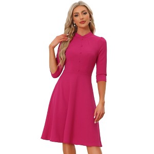 INSPIRE CHIC Women's Vintage 3/4 Sleeves Stand Collar Office Work Elegant A-Line Dress - 1 of 4