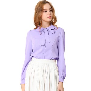 INSPIRE CHIC Women's Peter Pan Collar Bow Tie Neck Puff Long Sleeve Workwear Button Blouses - 1 of 4