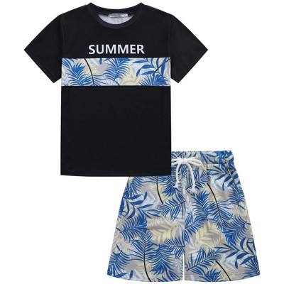 Little Kid Shorts Sets Kids Summer Beach Outfit  Pulm Leaves Pattren Short Sleeve Shirt Top with Shorts Suits