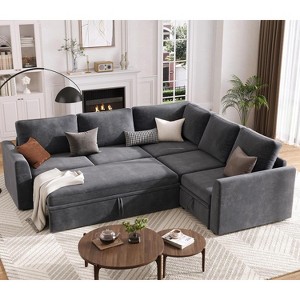 Sectional Sleeper Sofa with Pull Out Bed, Chenille Modular Sectional Couch with Pull Out Couch and Storage Seat & 2 Ottomans, Convertible Couches - 1 of 4