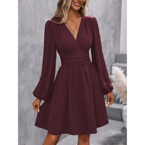 Clearlove Women Floral Ruffle Mini Dress Lantern Sleeve Surplice V Neck Elastic Waist A Line Flowy Casual Dress - 1 of 3