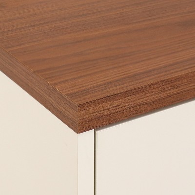 Latte Mid-Century Modern 2-Door Accent Cabinet with Eucalyptus Legs