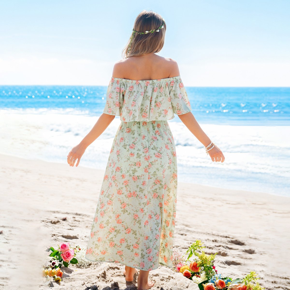 Женские платья Cupshe Women's Floral Off-Shoulder Beach Maxi Wedding Guest Dress-S-Green — фото 3