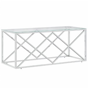 vidaXL Stainless Steel and Tempered Glass Coffee Table - Industrial Style Accent Side Table for Living Room, Lounge, Silver Rectangular Top - 1 of 4
