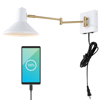 16" 1-Light Hygge Swing Arm Mid-Century Iron USB Charging Port Wall Sconce White/Brass - JONATHAN Y