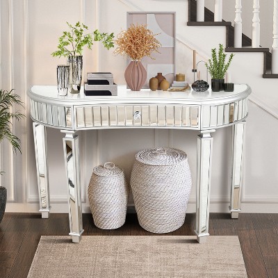 Grungis Half-Moon Mirrored Console Table with Storage,Modern Entryway Table with Fluted Glass & Crystal Knob Drawer for Living Room Hallway