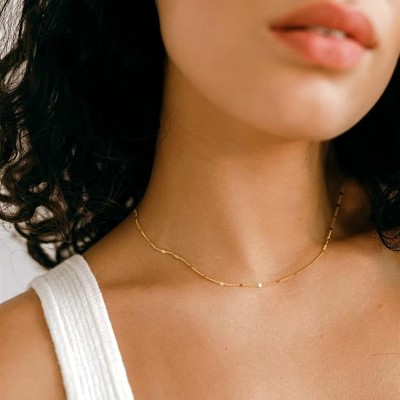 BRINJOY 14K gold plated necklace, shiny polka dot gold chain necklace, beads glitter, link chain, exquisite jewelry for women