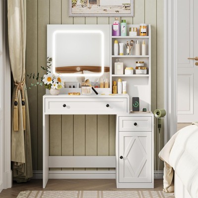Makeup Vanity Desk with Mirror & LED Light, Dressing Table with 3 Color Modes, White