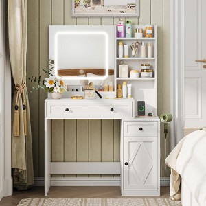 Makeup Vanity Desk with Mirror & LED Light, Dressing Table with 3 Color Modes, White - 1 of 4