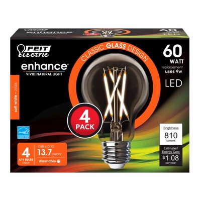 Feit Electric A19 E26 (Medium) Filament LED Bulb Soft White 60 Watt Equivalence 4 pk