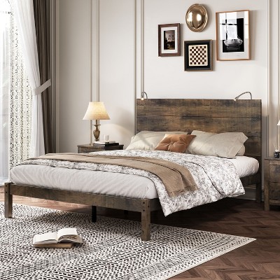NicBex Vintage Farmhouse Full/Queen Platform Bed Frame with Wooden Headboard,Industrial Style Platform Bed with 2 Bedside Lights,Wood Slats Support