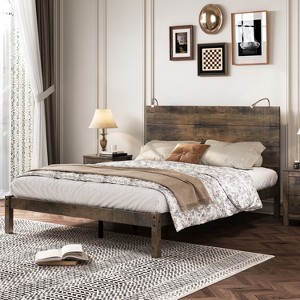 NicBex Vintage Farmhouse Full/Queen Platform Bed Frame with Wooden Headboard,Industrial Style Platform Bed with 2 Bedside Lights,Wood Slats Support - 1 of 4