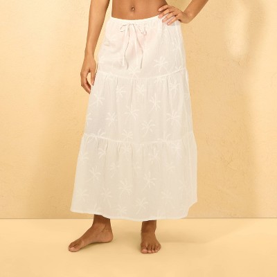 Women's Palm Print Embroidered Tiered Swim Cover Up Skirt - Shade & Shore™ Cream