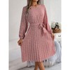 Coolmee Women Casual Smocked Crew Neck Floral Long Sleeve A-Line Swing Midi Dress With Belt - 4 of 4