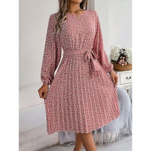 Smocked Long Sleeve Floral Dress for Women 2025 Fall Fashion Crewneck Fit andWestern Flowy Mini Dress - 1 of 4